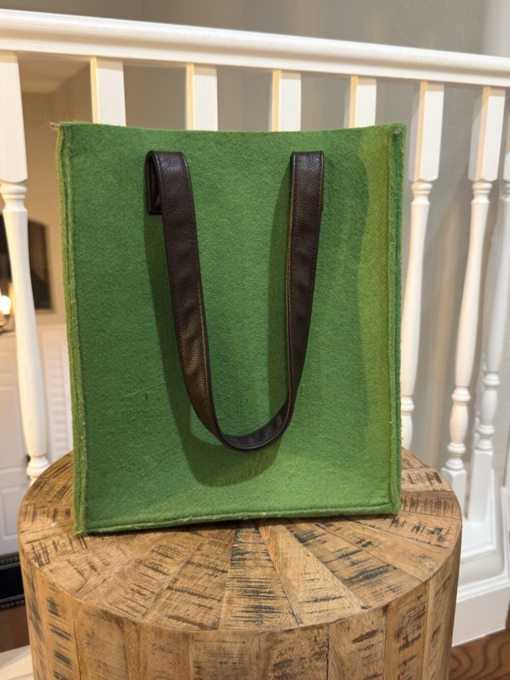 Punctuation Green Felt Tote Bag Brown Straps Structured Shoulder Bag